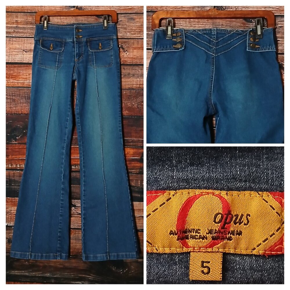 Opus Vintage Jeans 5 Flare Leg Low Rise Patch Pocket Seamed Blue Denim Stretch